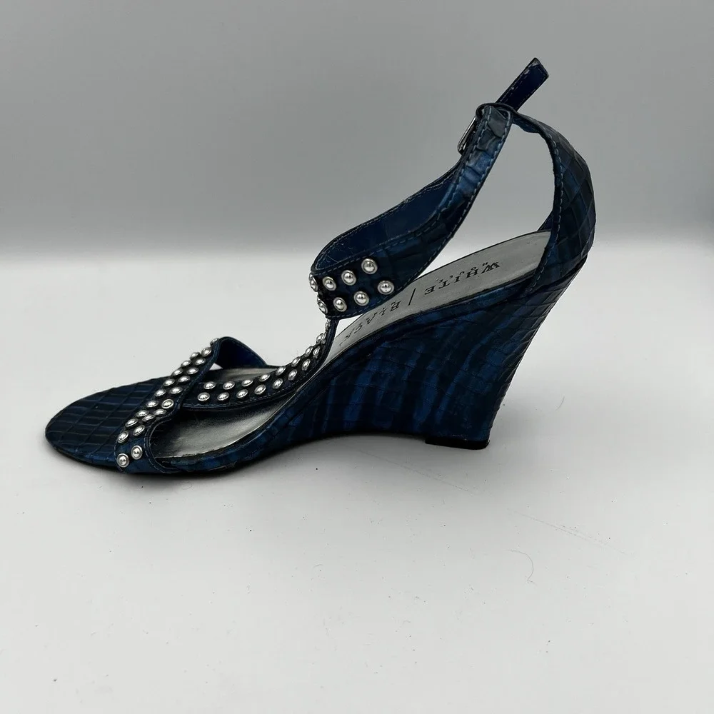White House Black Market Paris Blue Studded Ankle Strap Wedges‎ Size 9.5